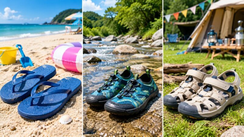 砂浜のビーチサンダル、川辺のウォーターシューズ、キャンプ場のストラップサンダルを並べた比較画像