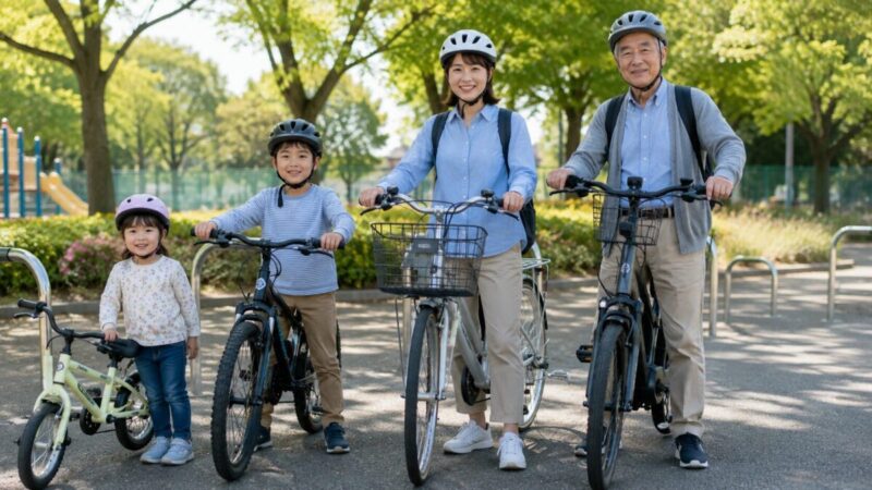幼児から高齢者まで自転車用ヘルメットを着用する幅広い年代の利用者