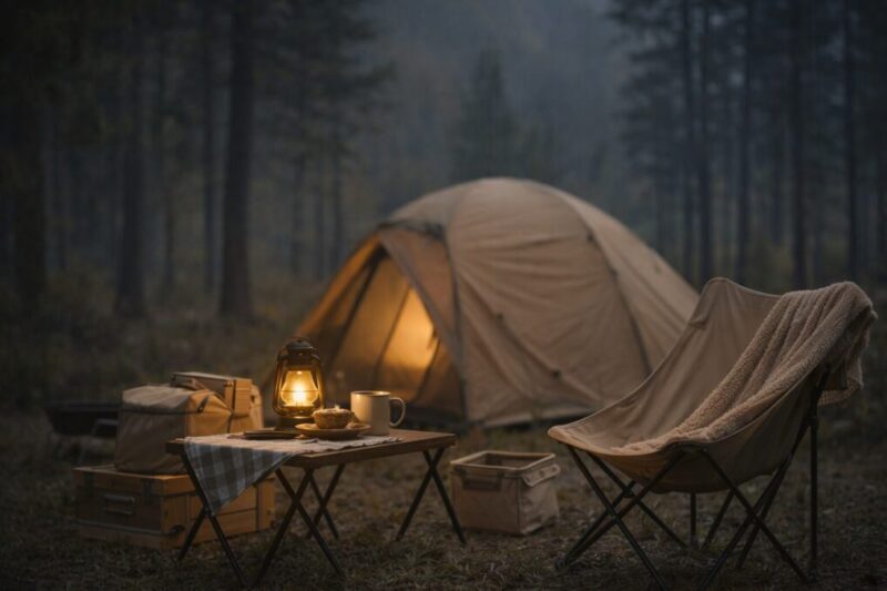 森の区画サイトでロースタイルに統一したシンプルなキャンプサイトの例