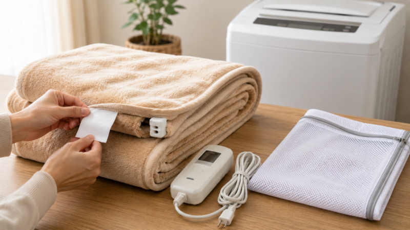 電気毛布を洗う前に洗濯表示を確認しコントローラーと洗濯ネットを準備する様子