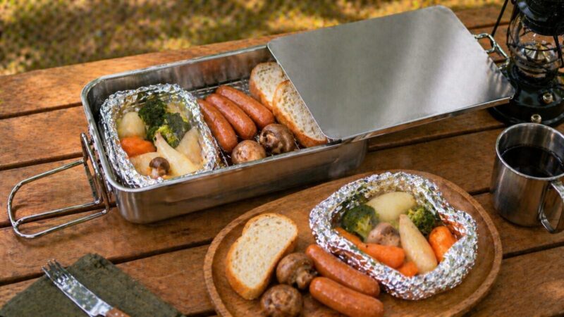 ミニスモーカーでホイル包みの野菜やソーセージを温めるキャンプ調理の様子