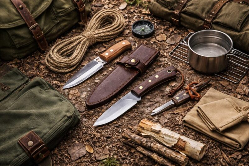 専門店で相談しながらアウトドアナイフを選ぶイメージ