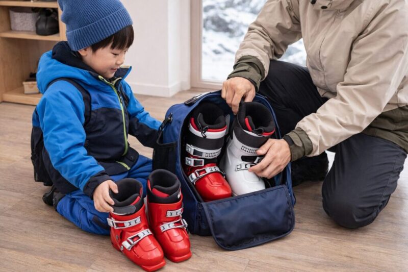 子ども用のスキーブーツバッグ選びをする親子のイメージ
