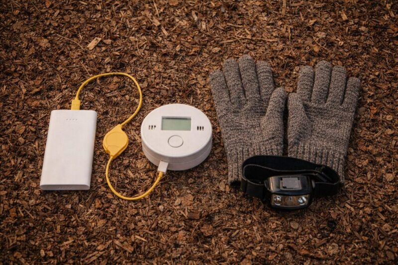 ストーブを消したあとに電気毛布と湯たんぽで足元の冷えを補い、電源で運用している様子