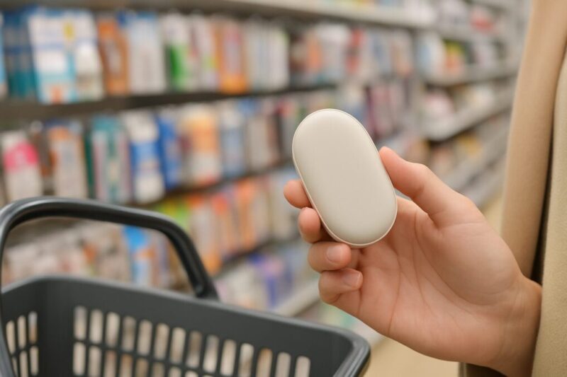 100円ショップの売り場で充電タイプを探しているイメージ