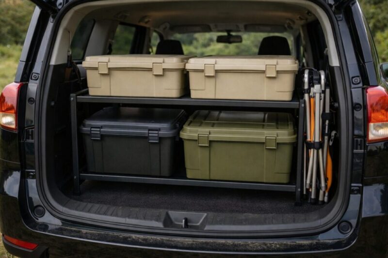 収納棚で段を作り荷室の上側スペースを活かしている様子