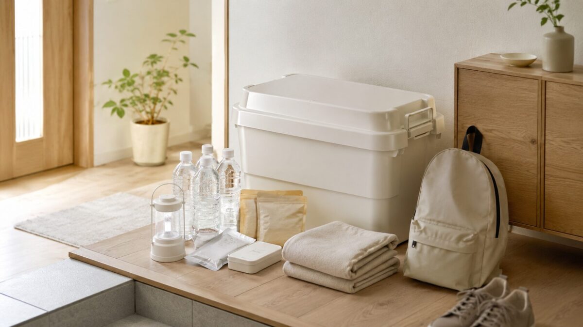 玄関横の白い防災ボックスに保存水や非常食、ランタン、ブランケットをまとめた備蓄収納イメージ