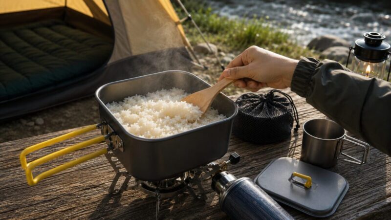 キャンプ場で角型クッカーを使い炊きたてのご飯をほぐしている様子