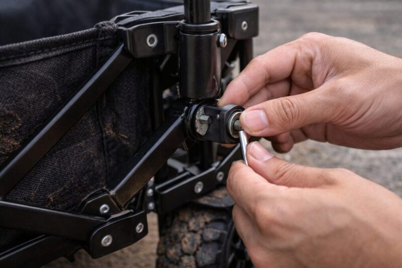 キャリーカートのネジ緩みを点検している様子