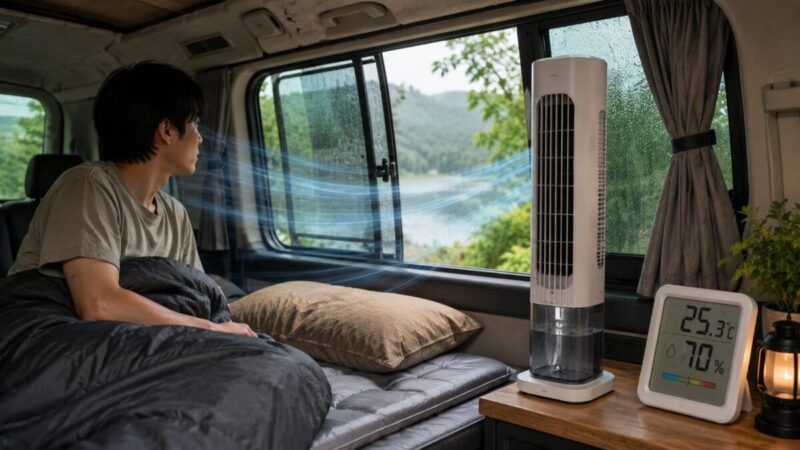 湿度70パーセントの車中泊で換気しながら冷風機を使う注意イメージ