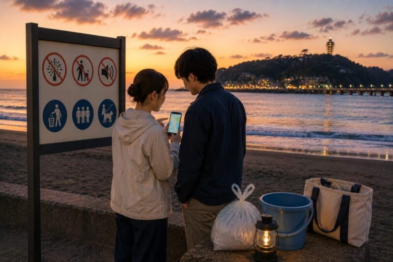 夕暮れの江ノ島近くの海岸で、案内板とスマホを見ながら利用ルールを確認する大人2人