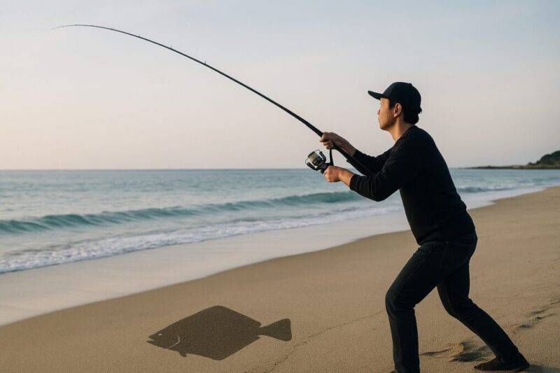 「サーフから無地ロッドで遠投しヒラメを狙うアングラーのイメージ」