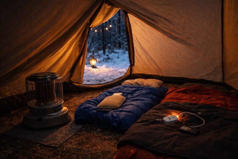 就寝前にストーブを消し、寝袋や湯たんぽなど別の暖房で寒さに備える様子