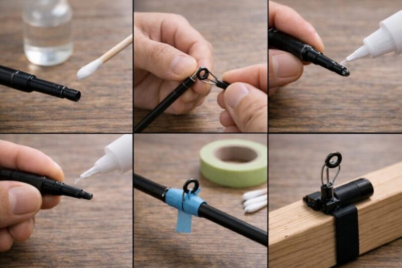 竿先とトップガイドをDIY補修する流れを示した手順イメージ