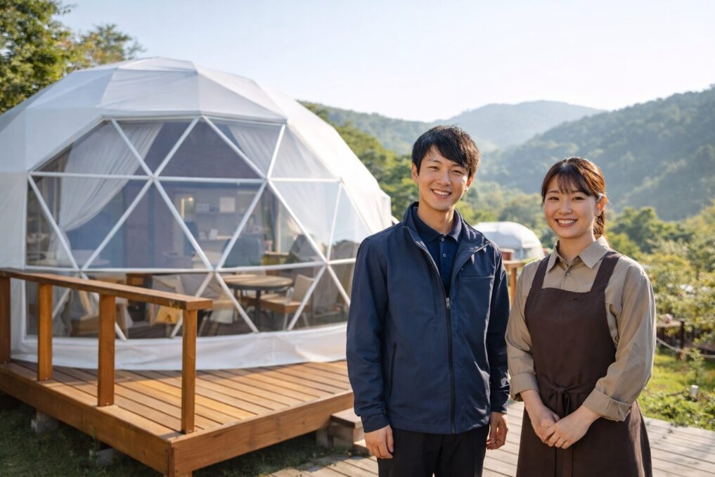 グランピング施設の前で働くスタッフのイメージ写真