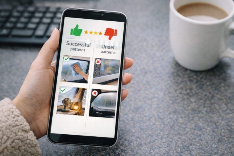 結露対策の良い例と悪い例を見比べて確認している様子