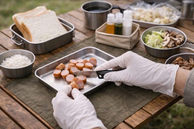 ミニトレーで食材を分け、下ごしらえの動線を整えながら調理しているイメージ