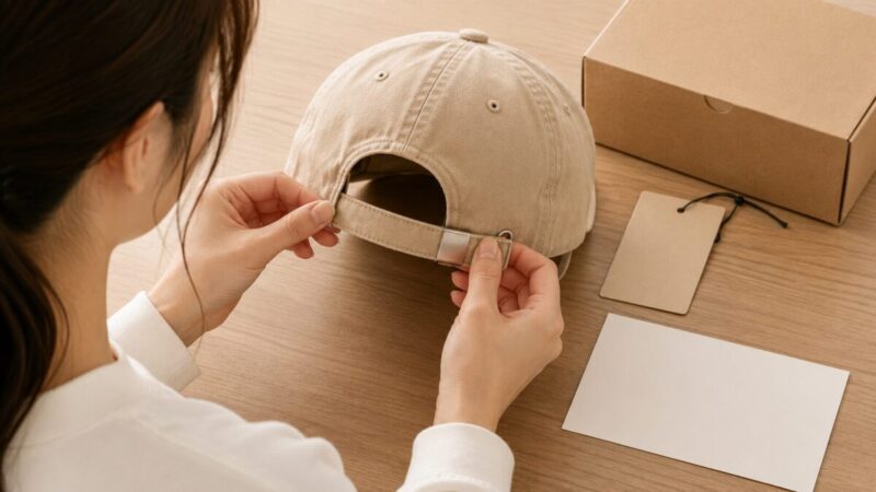 ベージュのキャップの後部ストラップを調整し、梱包箱や付属品を確認する女性