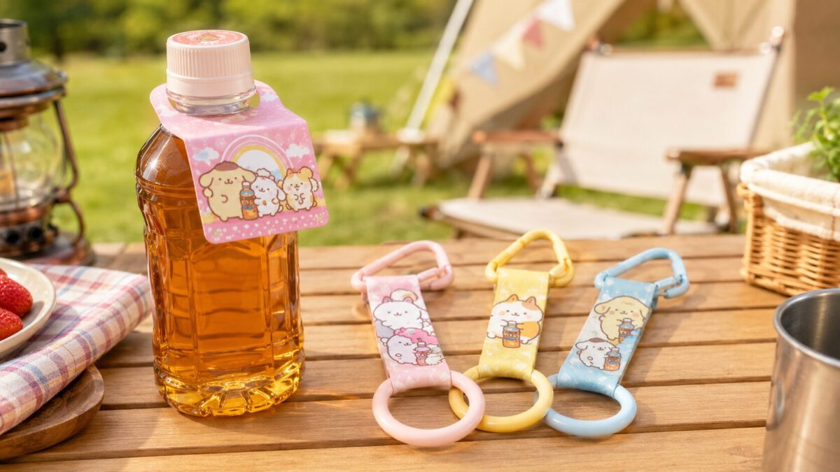 伊藤園の麦茶に付くサンリオ風ペットボトルホルダーを外遊び目線で紹介するアイキャッチ画像