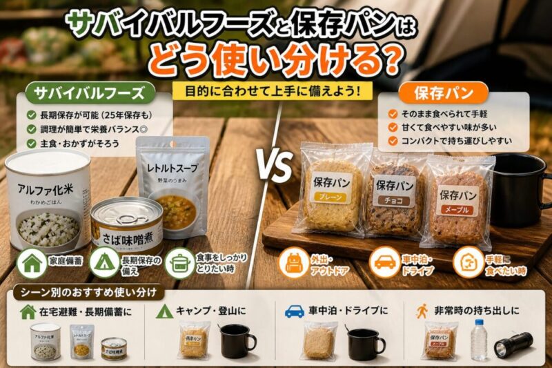 サバイバルフーズと保存パンを用途別に比較する外遊び用セット