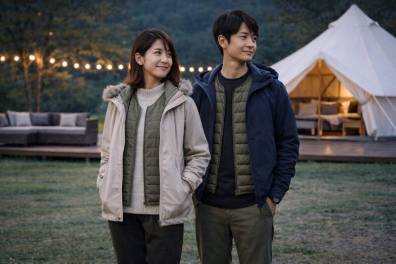 焚き火に配慮した素材のアウターと長ズボンを組み合わせた夜の外遊び服装