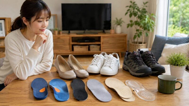 自宅のテーブルで靴とインソールを並べて選ぶ女性のイメージ