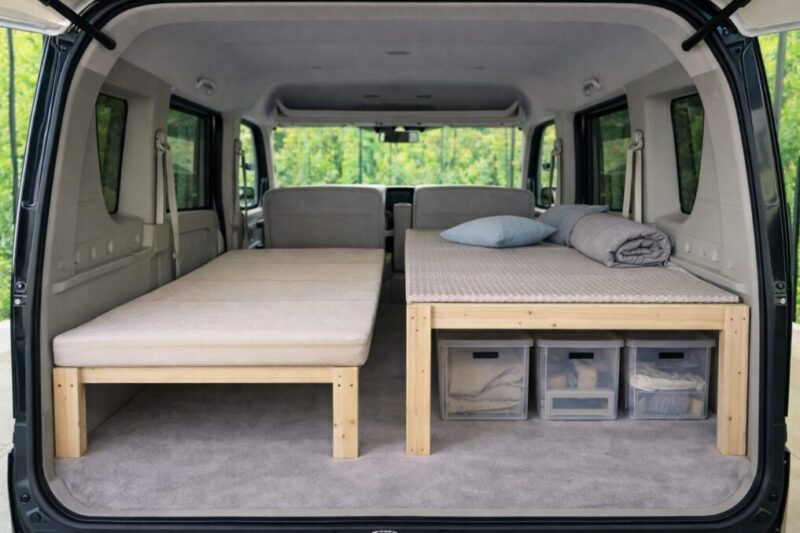 車中泊キットの高さや収納量の違いを比較しやすい軽バン車内のイメージ