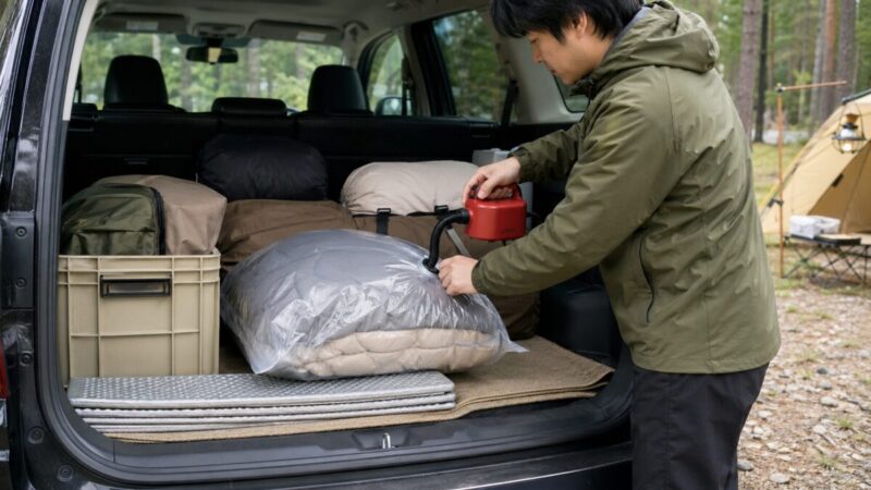車の荷室で小型ポンプを使い、キャンプ用寝具を圧縮袋に入れて収納している様子