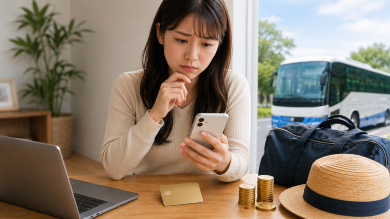 旅行前にスマホとカードを確認しながら支払い方法のトラブルに困る旅行者と高速バス