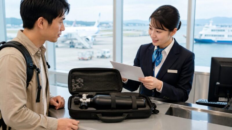 小型エアタンクの運送条件を空港カウンターで係員に確認する旅行者