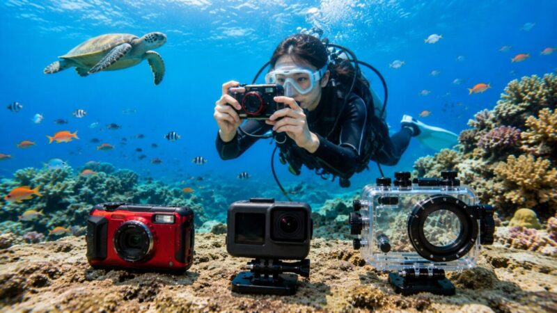 防水コンデジとアクションカメラと防水ハウジングを比較する水中撮影の様子