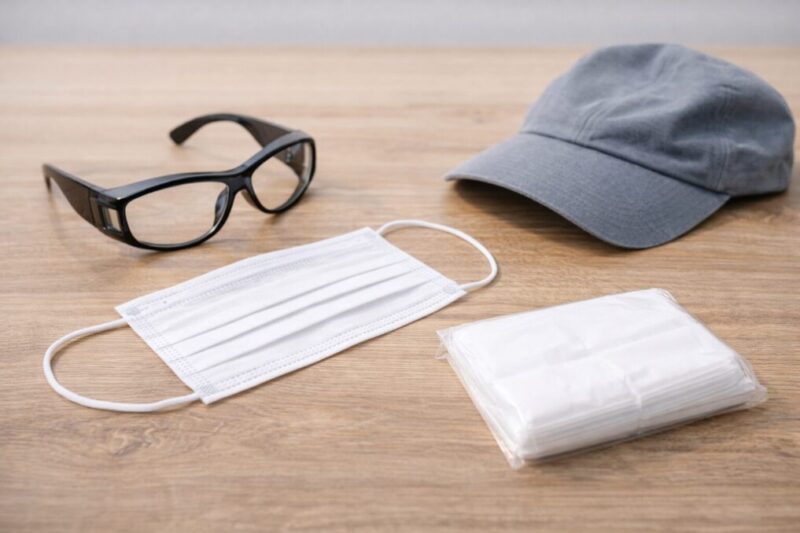 花粉対策メガネを他の対策小物と一緒に比較しているイメージ