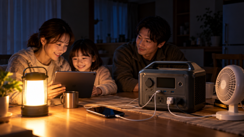 停電した室内で家族がポータブル電源からスマートフォンやタブレット、ランタンへ給電する様子