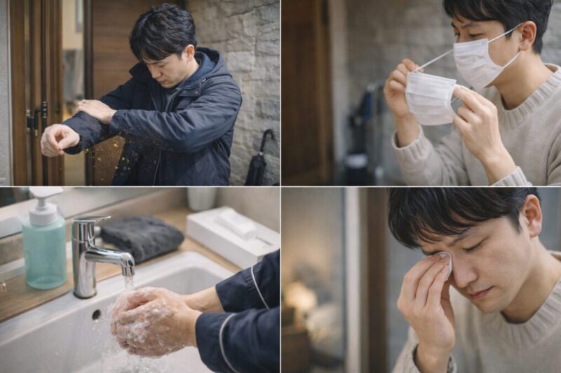 外から帰った後に衣類の花粉を落とし、手洗いや身の回りのケアをしている様子をまとめたイメージ