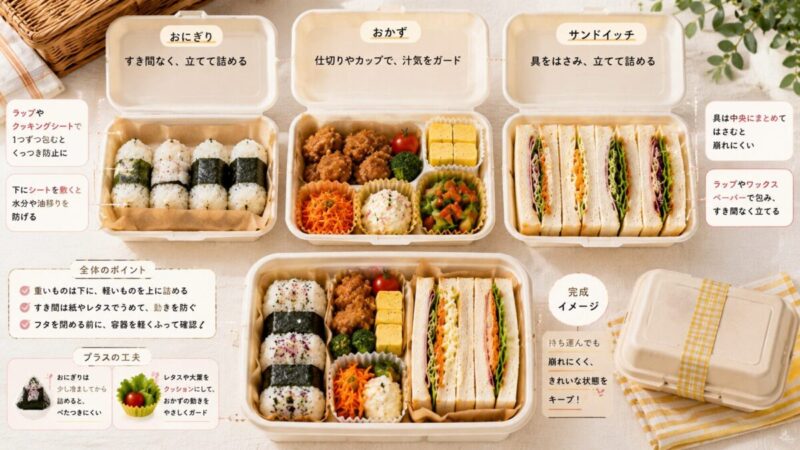 おにぎり・おかず・サンドイッチをそれぞれ使い捨て容器に詰め、持ち運び中に崩れにくい配置を示したピクニック弁当。