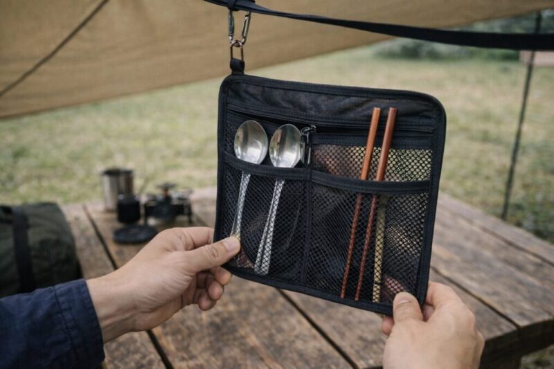 洗ったカトラリーをメッシュポーチで吊り下げて乾かしているイメージ