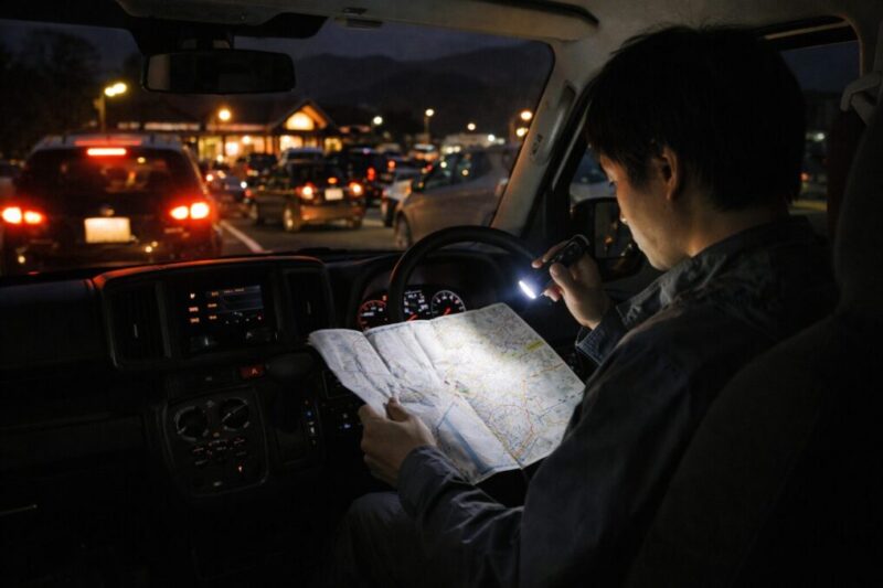 夜間や渋滞中にトイレ不安を感じる車中泊の場面