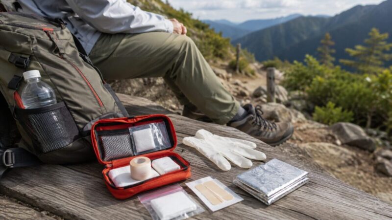 登山道の休憩場所で救急ポーチ、靴擦れ対策用品、保温シートを取り出した様子