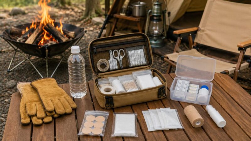焚き火のそばのキャンプテーブルに救急ポーチと手袋、水、応急用品を置いた様子