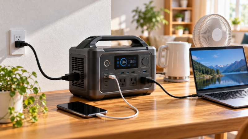 家庭用コンセントから充電しながらノートパソコンとスマートフォンに給電するポータブル電源