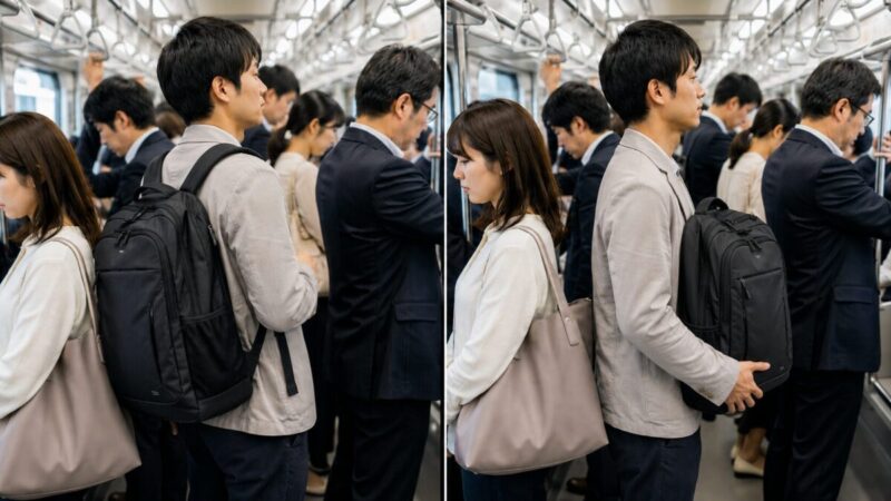 混雑した電車内でリュックを背負った状態と手元に持った状態を比較する様子