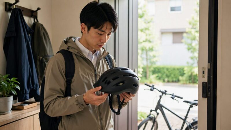 出発前に自転車用ヘルメットの状態を確認する男性