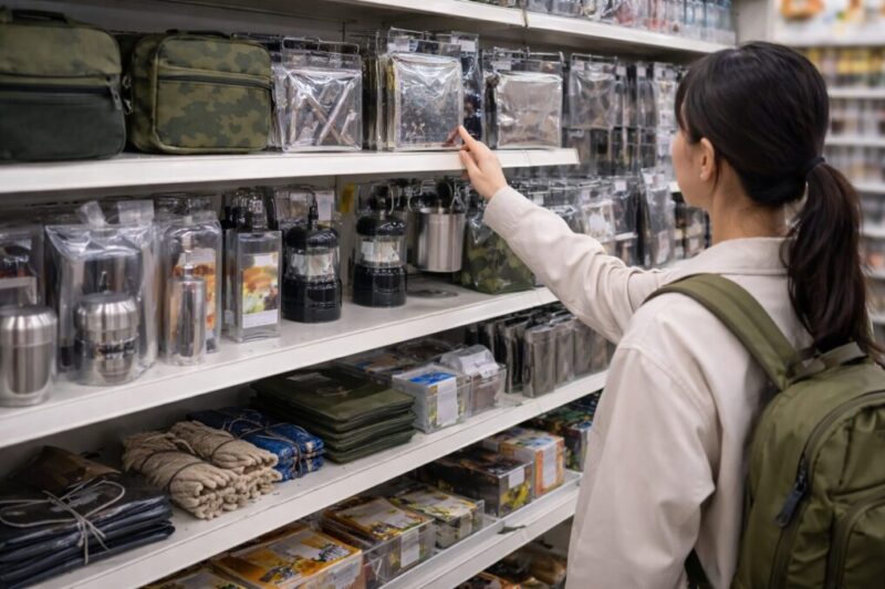 店舗の棚の前で、キャンプ向けの小物を探しながらチェックしているイメージ