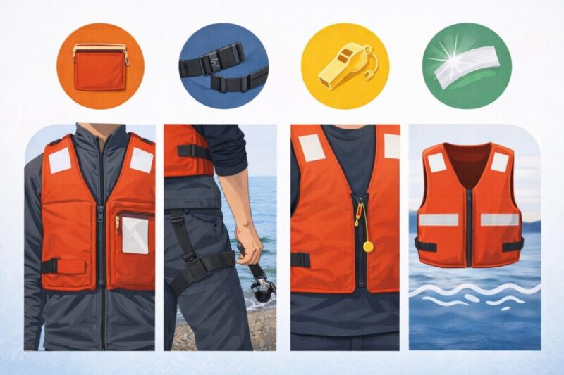 堤防釣り向けライフジャケットの必要機能を示した図