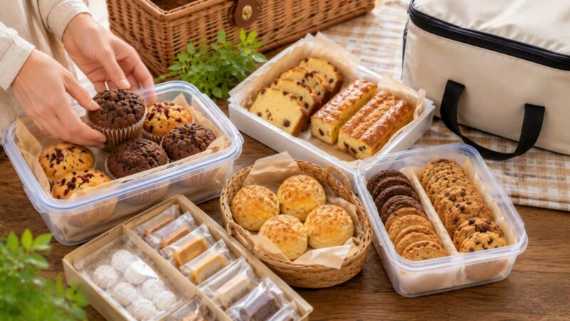 手作りのマフィン、クッキー、スコーン、パウンドケーキを保存容器や個包装に分けて、ピクニック用に準備している様子。