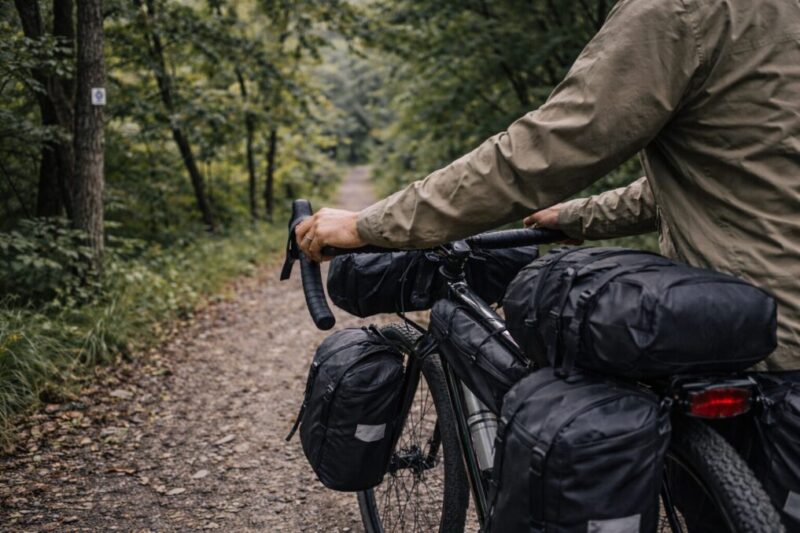 荷物と登り坂で疲れやすい場面を想定した自転車キャンプのイメージ