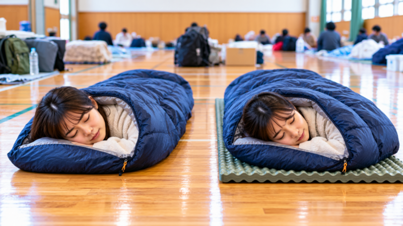 避難所で寝袋を床に直接敷いた場合とマットを併用した場合の比較
