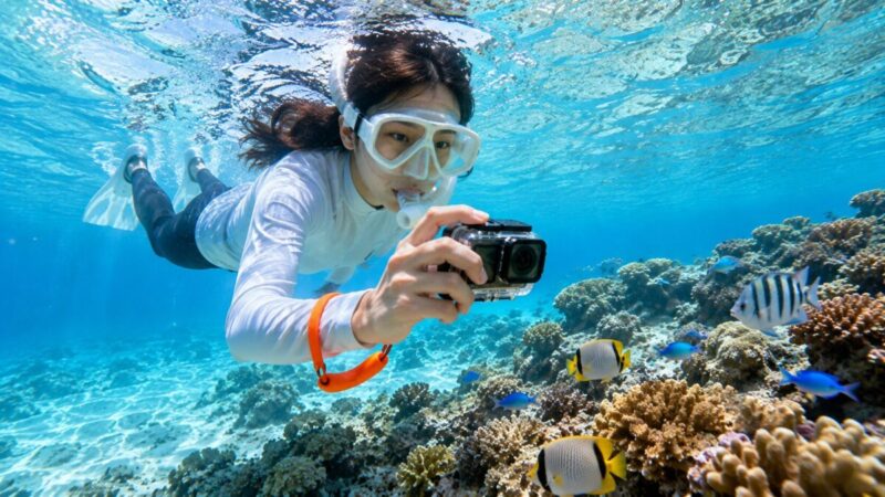 浮力ストラップ付きの軽量な防水カメラで浅瀬の魚を撮影するシュノーケラー