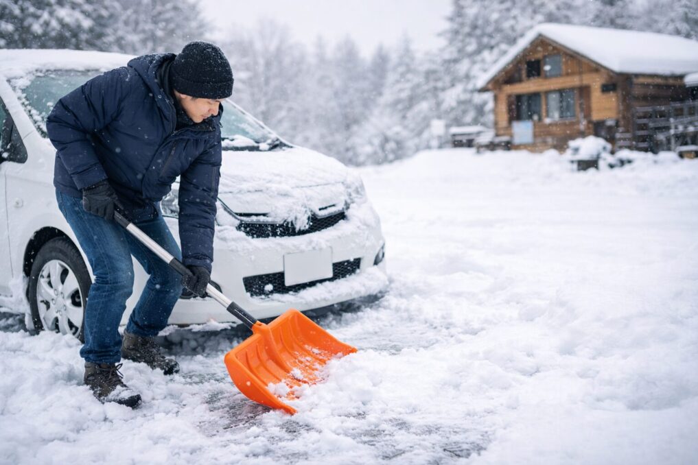 ダイソーの雪かきスコップで車まわりを除雪するイメージ