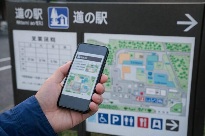 道の駅の営業時間や利用案内をスマホで確認するイメージ